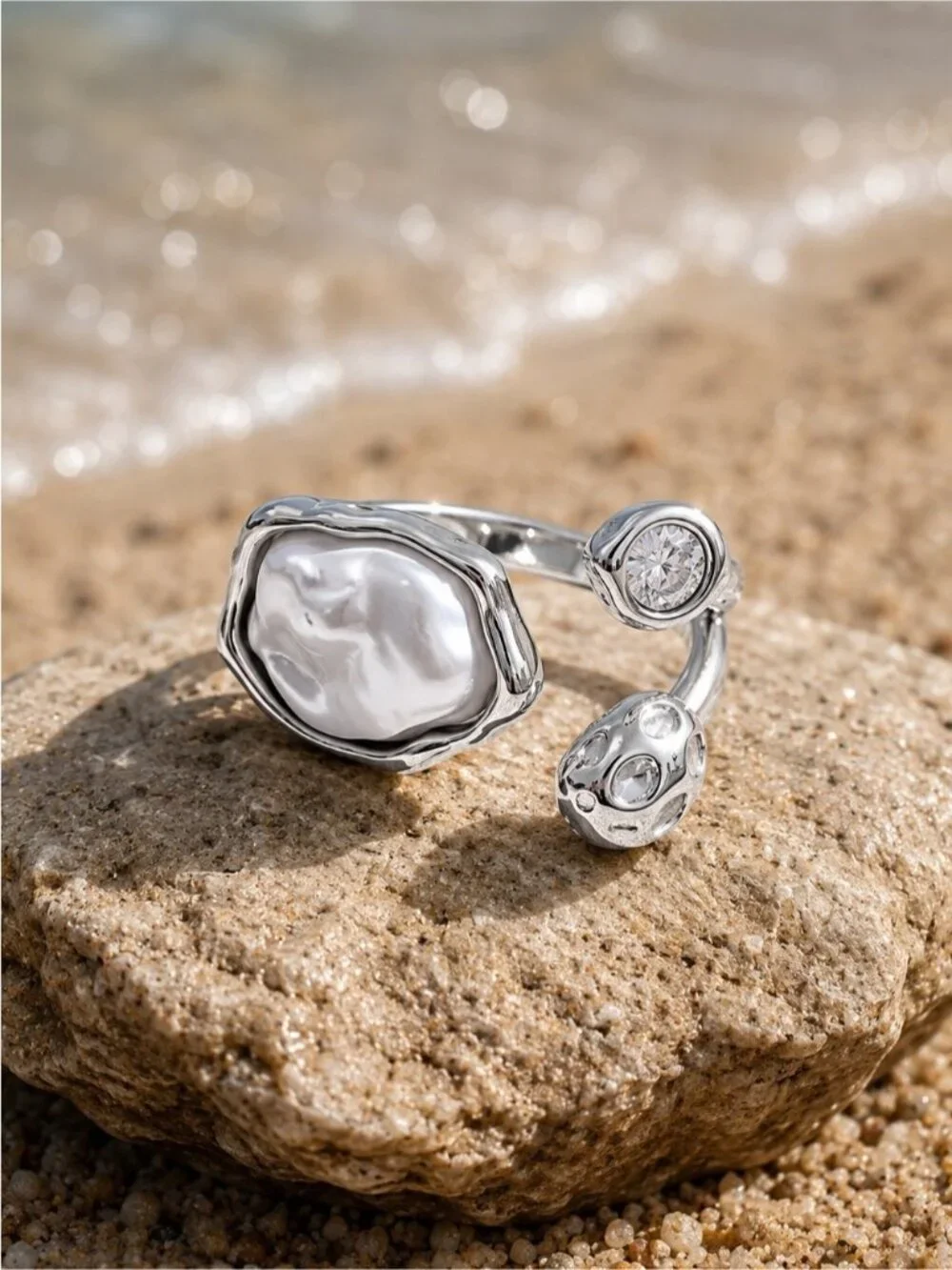 Silver tone Pearl and Crystal Open Ring